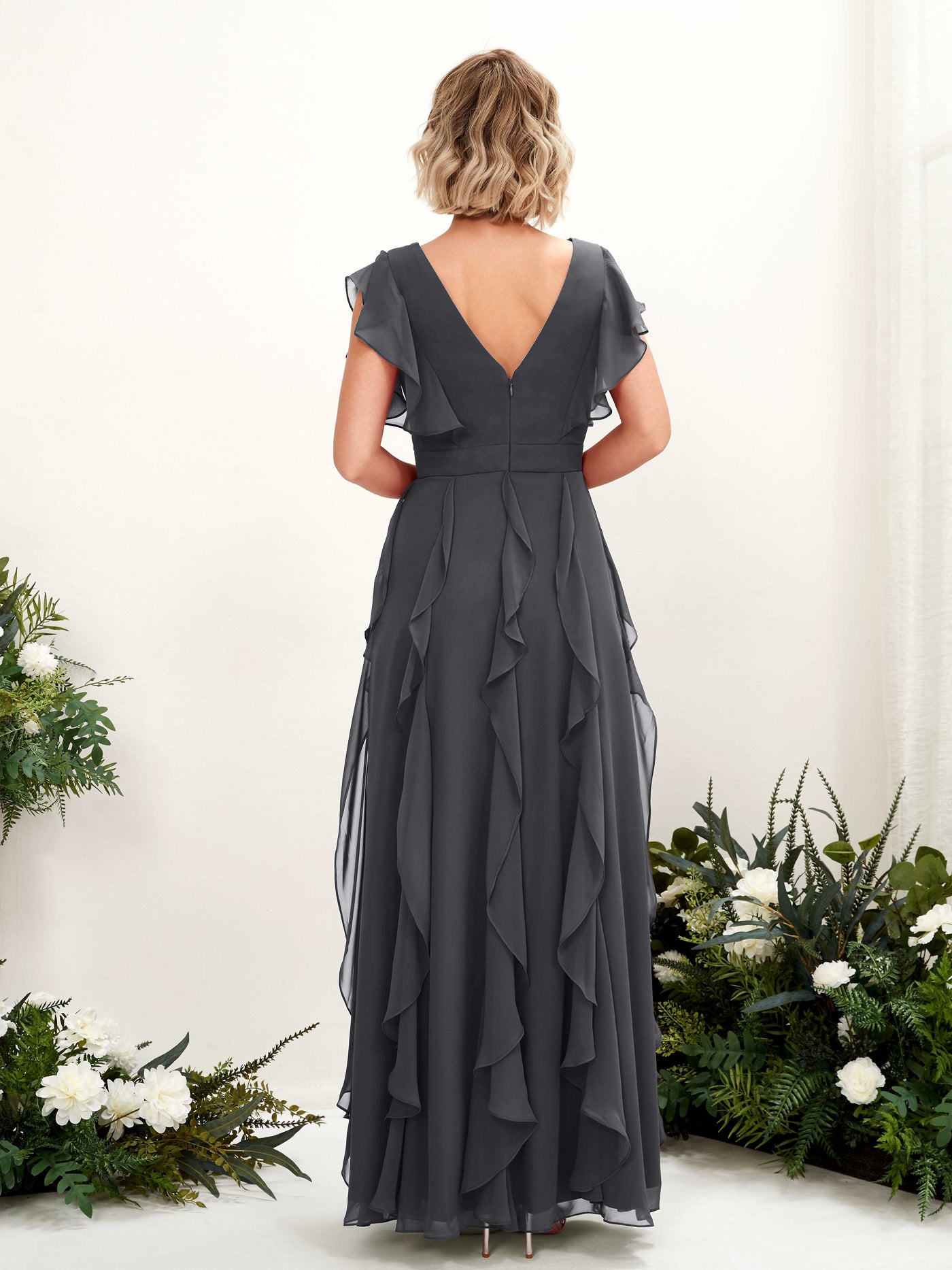 A-line Open back V-neck Short Sleeves Chiffon Bridesmaid Dress - Pewter (81226038)#color_pewter