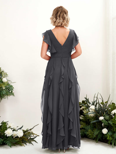 Carlyna Cynthia A-Line Pewter Bridesmaid Dress Maxi Cap Sleeve V-Neck Dress Back View #color_pewter