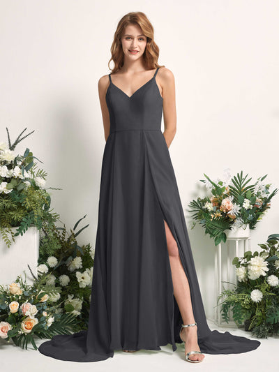 Carlyna Marcia A-Line Pewter Bridesmaid Dress Maxi Sleeveless V-Neck Dress Front View #color_pewter