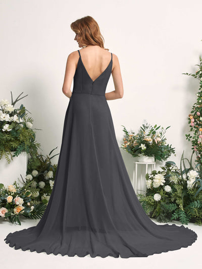 Carlyna Marcia A-Line Pewter Bridesmaid Dress Maxi Sleeveless V-Neck Dress Back View #color_pewter
