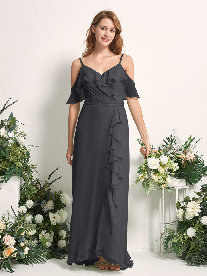 Bridesmaid Dress A-line Chiffon Spaghetti-straps Full Length Sleeveless Wedding Party Dress - Pewter (81227438)