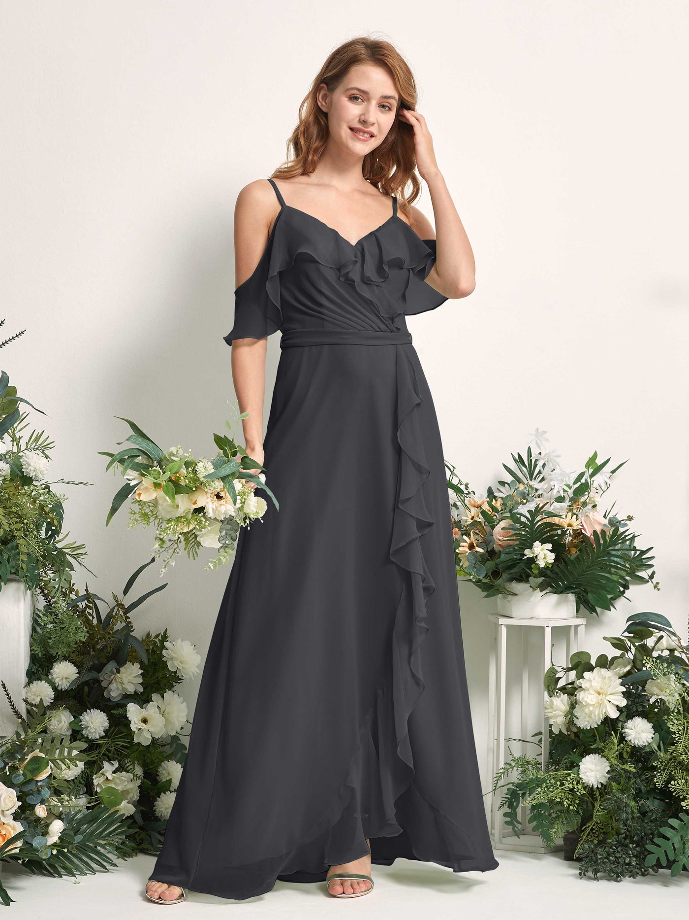Bridesmaid Dress A-line Chiffon Spaghetti-straps Full Length Sleeveless Wedding Party Dress - Pewter (81227438)#color_pewter