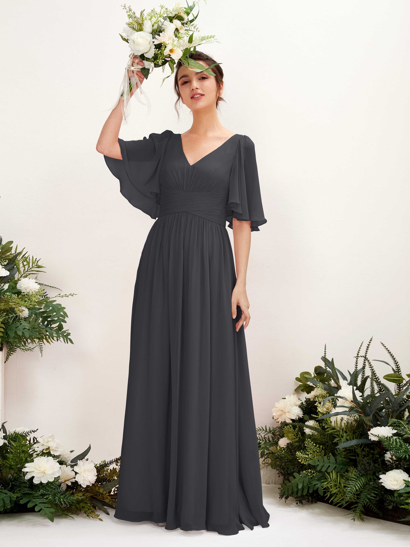 Pewter Bridesmaid Dresses Bridesmaid Dress A-line Chiffon V-neck Full Length 1/2 Sleeves Wedding Party Dress (81221638)#color_pewter