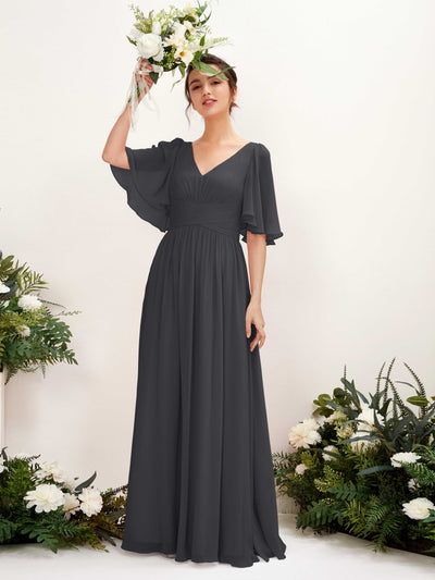 Carlyna Odette A-Line Pewter Bridesmaid Dress Maxi Short Sleeve V-Neck Dress Front View #color_pewter