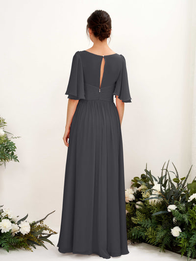 Carlyna Odette A-Line Pewter Bridesmaid Dress Maxi Short Sleeve V-Neck Dress Back View #color_pewter