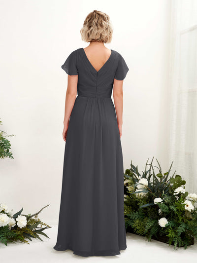 Carlyna Tolly A-Line Pewter Bridesmaid Dress Maxi Cap Sleeve V-Neck Dress Back View #color_pewter