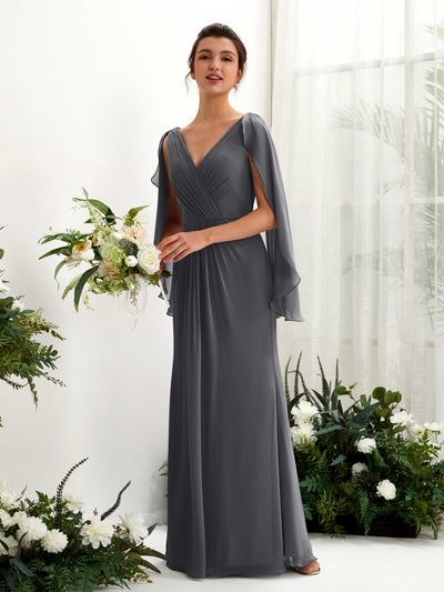 Carlyna Alain A-Line Pewter Bridesmaid Dress Maxi Cap Sleeve V-Neck Dress Front View #color_pewter