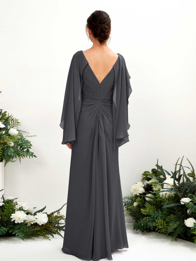 Carlyna Alain A-Line Pewter Bridesmaid Dress Maxi Cap Sleeve V-Neck Dress Back View #color_pewter