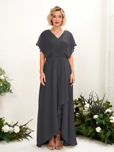 Carlyna Soleil A-Line Pewter Bridesmaid Dress Maxi Short Sleeve V-Neck Dress Front View #color_pewter