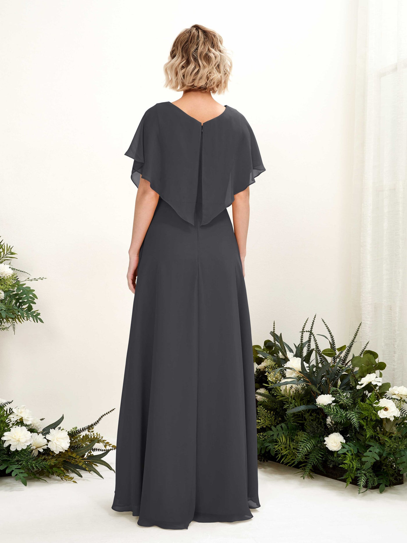 Pewter Bridesmaid Dresses Bridesmaid Dress A-line Chiffon V-neck Full Length Short Sleeves Wedding Party Dress (81222138)#color_pewter