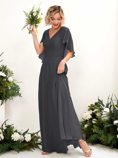 Carlyna Winnie A-Line Pewter Bridesmaid Dress Maxi Short Sleeve V-Neck Dress Front View #color_pewter