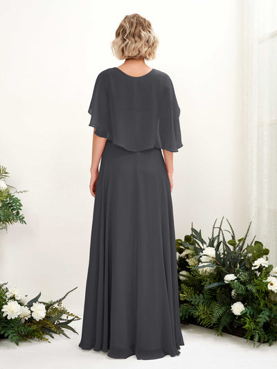 Carlyna Winnie A-Line Pewter Bridesmaid Dress Maxi Short Sleeve V-Neck Dress Back View #color_pewter