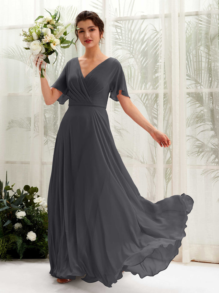 Pewter Bridesmaid Dresses Bridesmaid Dress A-line Chiffon V-neck Full Length Short Sleeves Wedding Party Dress (81224638)