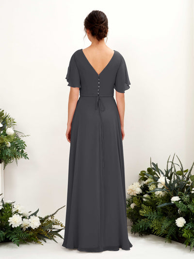 Carlyna Daphne A-Line Pewter Bridesmaid Dress Maxi Short Sleeve V-Neck Dress Back View #color_pewter
