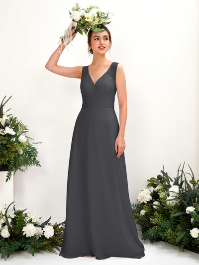 Carlyna Karen A-Line Pewter Bridesmaid Dress Maxi Sleeveless V-Neck Dress Front View #color_pewter