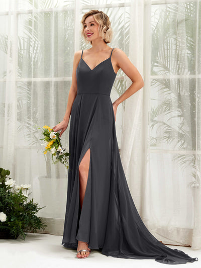 Carlyna Mana A-Line Pewter Bridesmaid Dress Maxi Sleeveless V-Neck Dress Front View #color_pewter