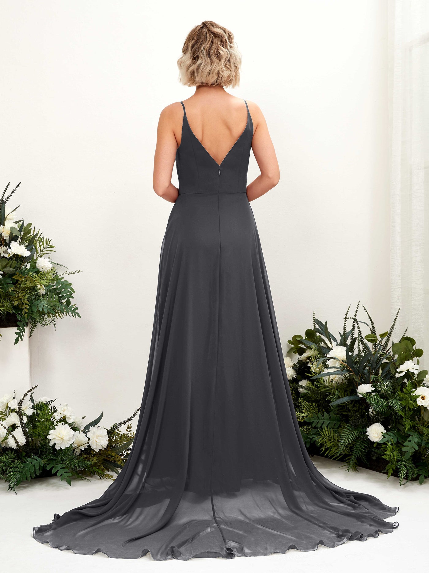 Pewter Bridesmaid Dresses Bridesmaid Dress A-line Chiffon V-neck Full Length Sleeveless Wedding Party Dress (81224138)#color_pewter