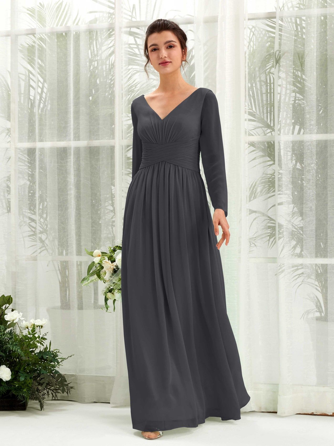 Pewter Bridesmaid Dresses Bridesmaid Dress A-line Chiffon V-neck Full Length Long Sleeves Wedding Party Dress (81220338)#color_pewter