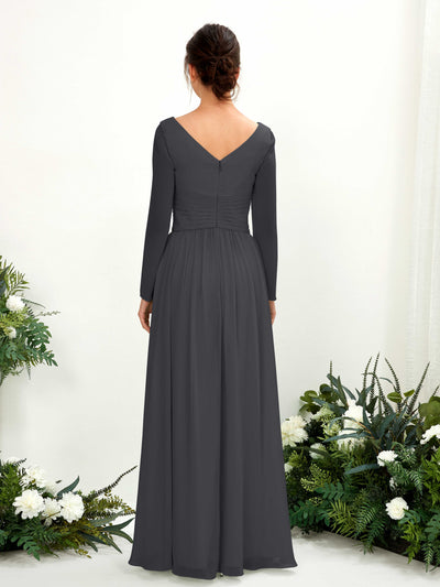 Carlyna Coline A-Line Pewter Bridesmaid Dress Maxi Long Sleeve V-Neck Back View #color_pewter