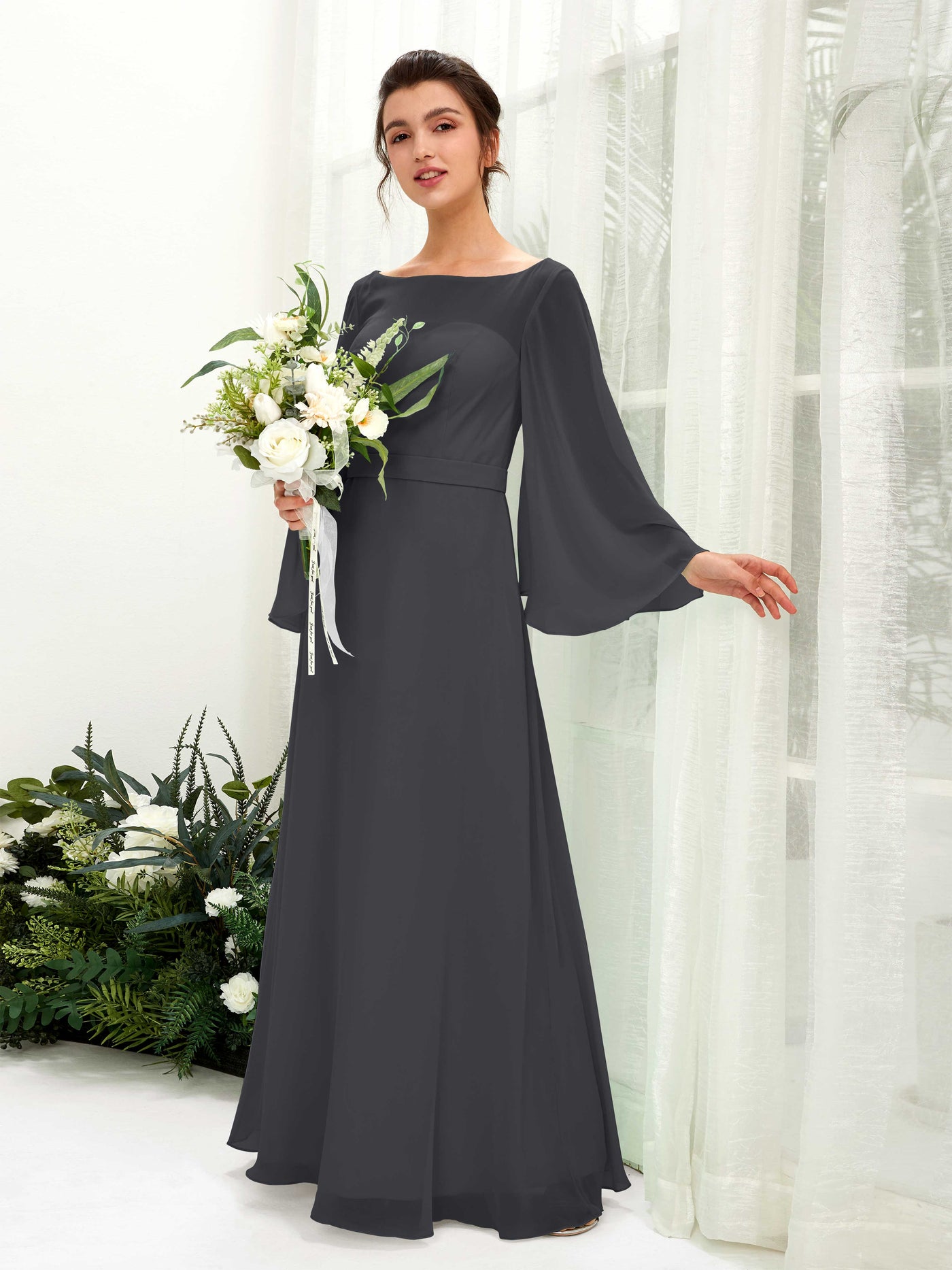 Pewter Bridesmaid Dresses Bridesmaid Dress A-line Chiffon Bateau Full Length Long Sleeves Wedding Party Dress (81220538)#color_pewter