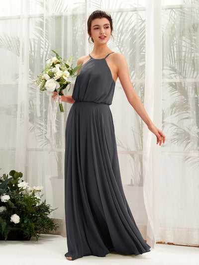 Carlyna Alva A-Line Pewter Bridesmaid Dress Maxi Sleeveless Halter Dress Front View #color_pewter