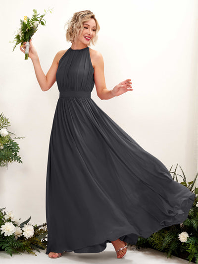 Carlyna Eden A-Line Pewter Bridesmaid Dress Maxi Sleeveless Round Neck Dress Front View #color_pewter