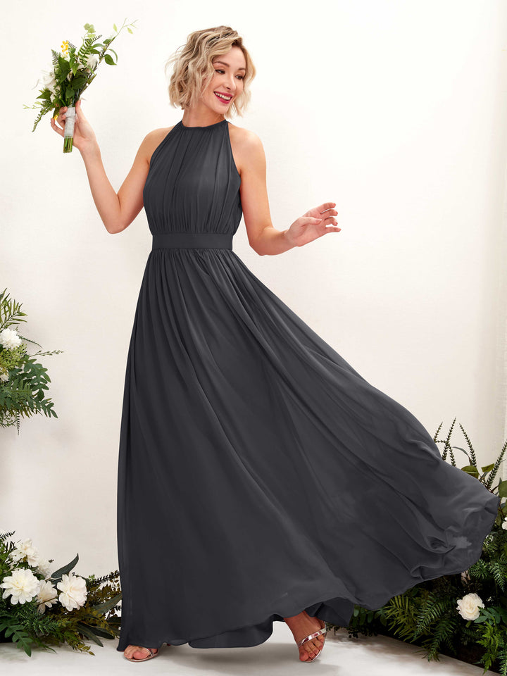 Pewter Bridesmaid Dresses Bridesmaid Dress A-line Chiffon Halter Full Length Sleeveless Wedding Party Dress (81223138)