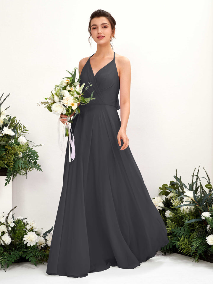 Halter V-neck Sleeveless Chiffon Bridesmaid Dress - Pewter (81221038)