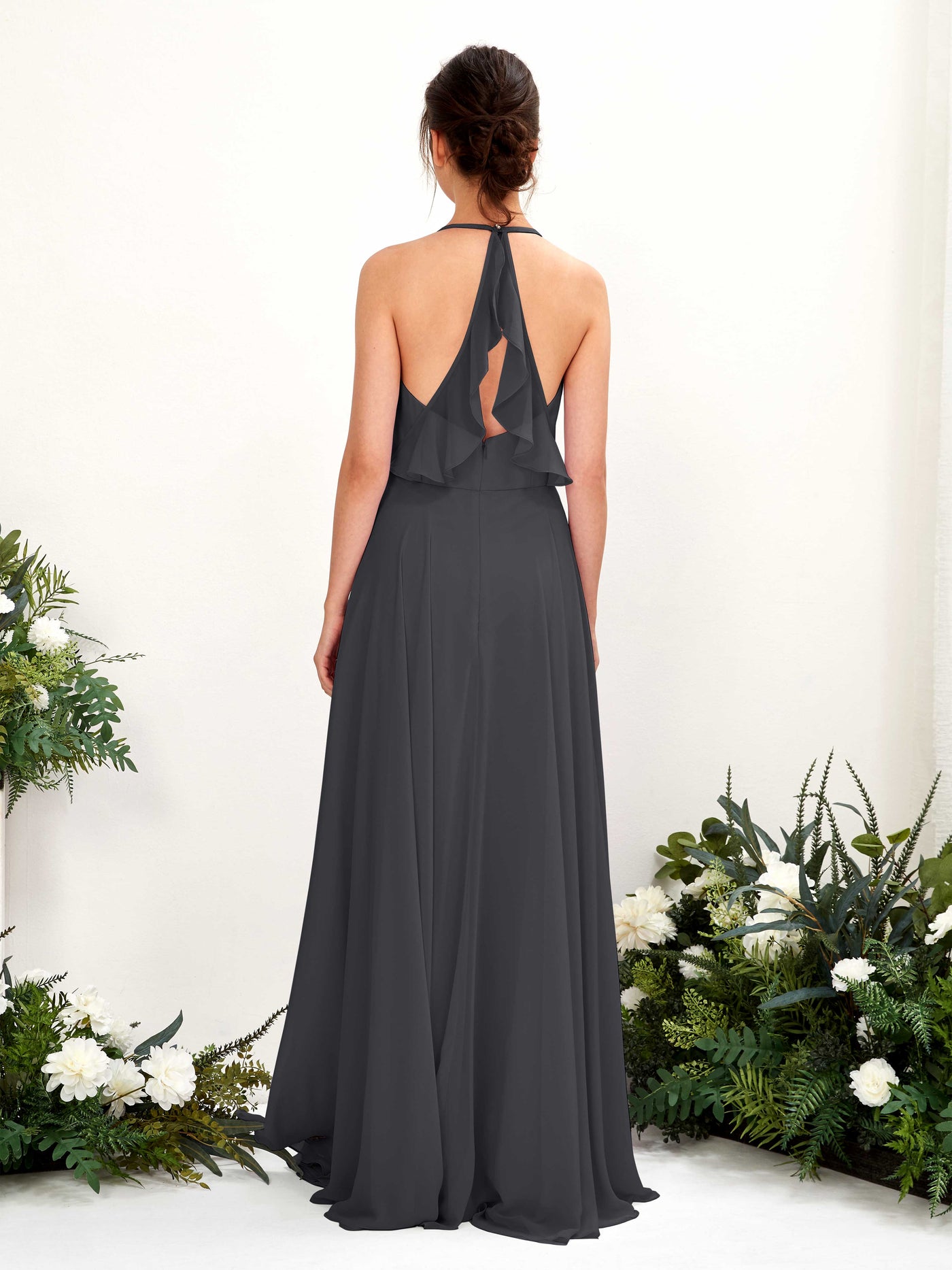 Halter V-neck Sleeveless Chiffon Bridesmaid Dress - Pewter (81221038)#color_pewter