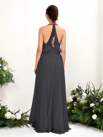 Carlyna Launo A-Line Pewter Bridesmaid Dress Maxi Sleeveless V-Neck Dress Back View #color_pewter