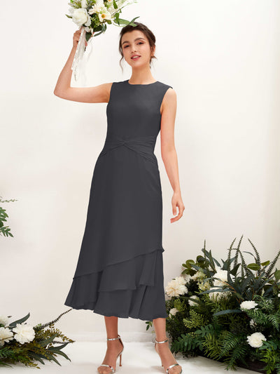 Carlyna Raina Mermaid Pewter Bridesmaid Dress Midi Sleeveless Round Neck Dress Front View #color_pewter