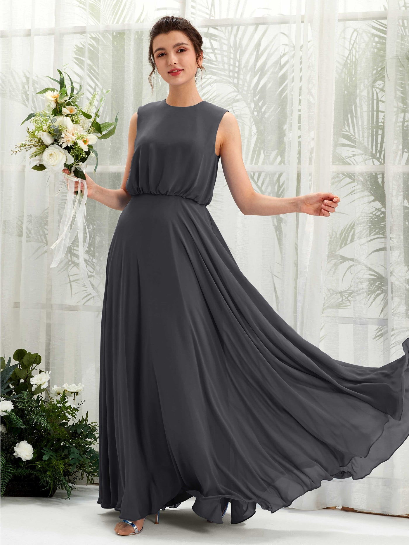 Pewter Bridesmaid Dresses Bridesmaid Dress A-line Chiffon Round Full Length Sleeveless Wedding Party Dress (81222838)#color_pewter