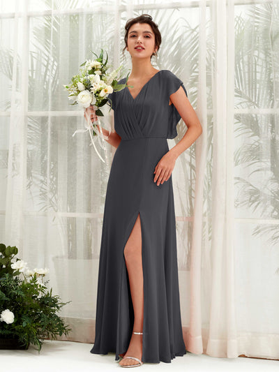 Carlyna Annie A-Line Pewter Bridesmaid Dress Maxi Cap Sleeve V-Neck Dress Front View #color_pewter
