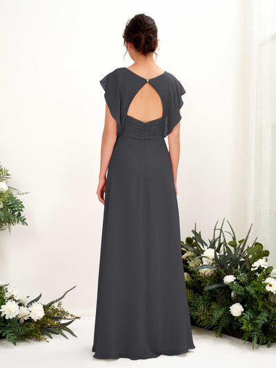 Carlyna Annie A-Line Pewter Bridesmaid Dress Maxi Cap Sleeve V-Neck Dress Back View #color_pewter