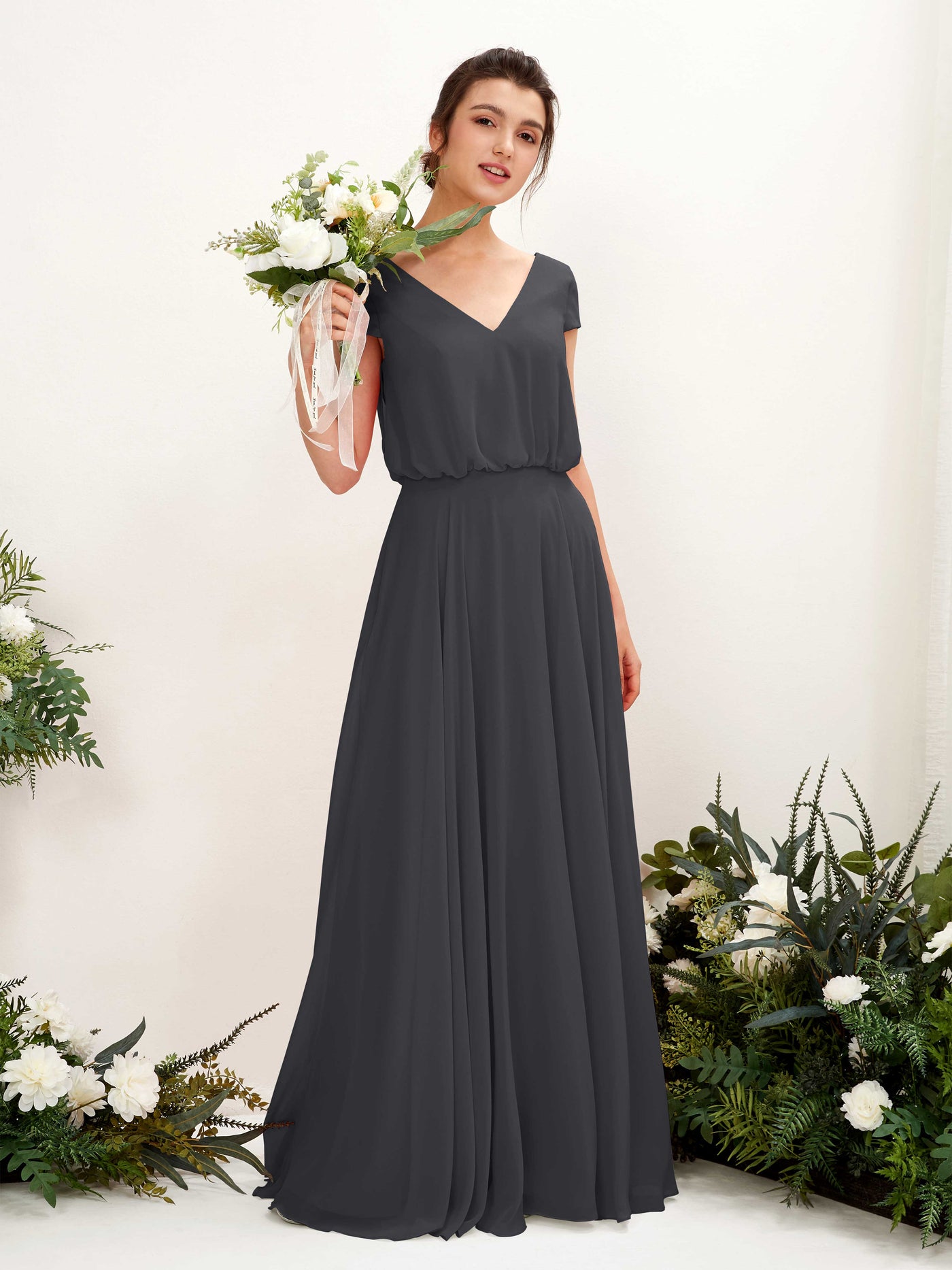 Pewter Bridesmaid Dresses Bridesmaid Dress A-line Chiffon V-neck Full Length Short Sleeves Wedding Party Dress (81221838)#color_pewter