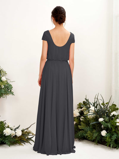 Carlyna Pauline A-Line Pewter Bridesmaid Dress Maxi Cap Sleeve V-Neck Dress Back View #color_pewter