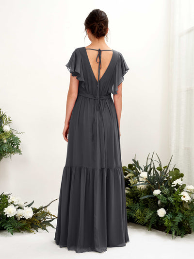 Carlyna Chaya A-Line Pewter Bridesmaid Dress Maxi Cap Sleeve V-Neck Dress Back View #color_pewter