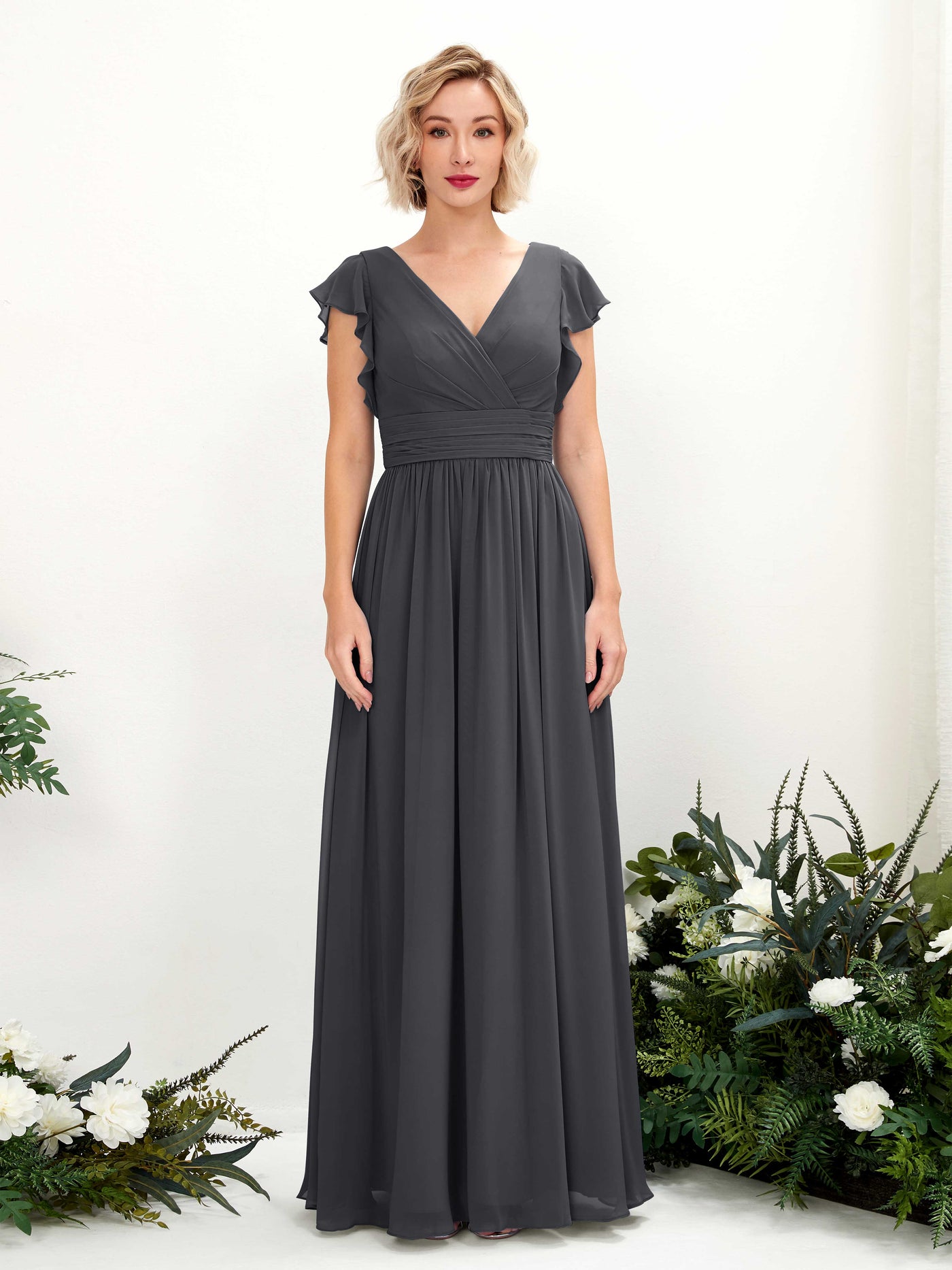 Pewter Bridesmaid Dresses Bridesmaid Dress A-line Chiffon V-neck Full Length Short Sleeves Wedding Party Dress (81222738)#color_pewter