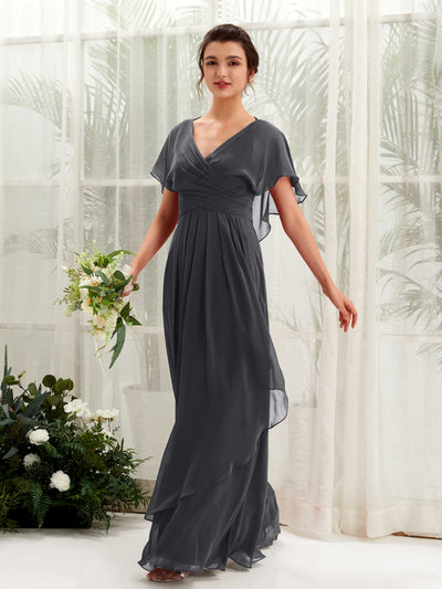 Carlyna Darlene A-Line Pewter Bridesmaid Dress Maxi Short Sleeve V-Neck Dress Front View #color_pewter