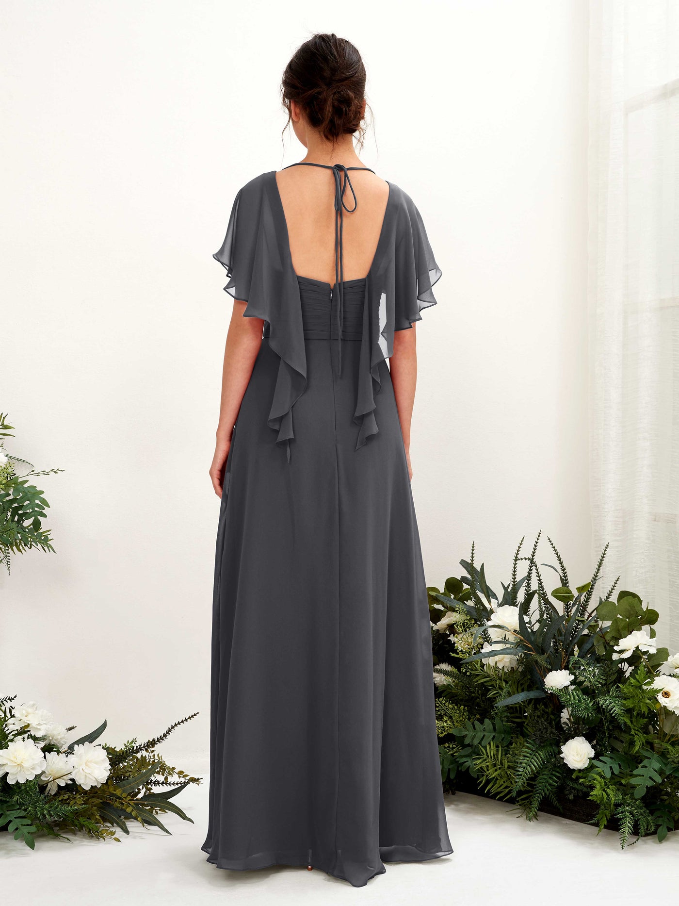 Open back V-neck Short Sleeves Chiffon Bridesmaid Dress - Pewter (81226138)#color_pewter