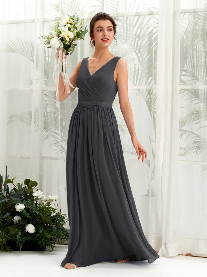 Pewter Bridesmaid Dresses Bridesmaid Dress A-line Chiffon V-neck Full Length Sleeveless Wedding Party Dress (81223638)