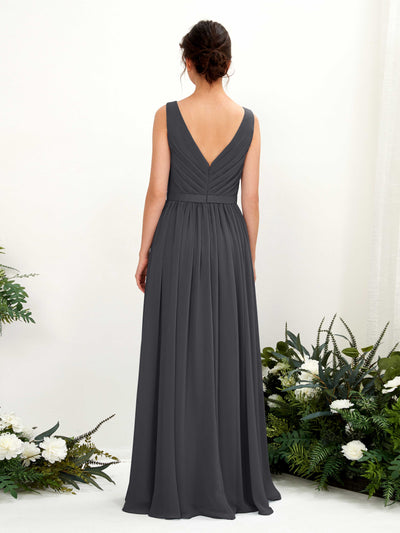 Carlyna Barbara A-Line Pewter Bridesmaid Dress Maxi Sleeveless V-Neck Dress Back View #color_pewter