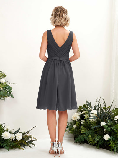 Carlyna Natasha A-Line Pewter Bridesmaid Dress Knee-Length Sleeveless V-Neck Dress Back View #color_pewter