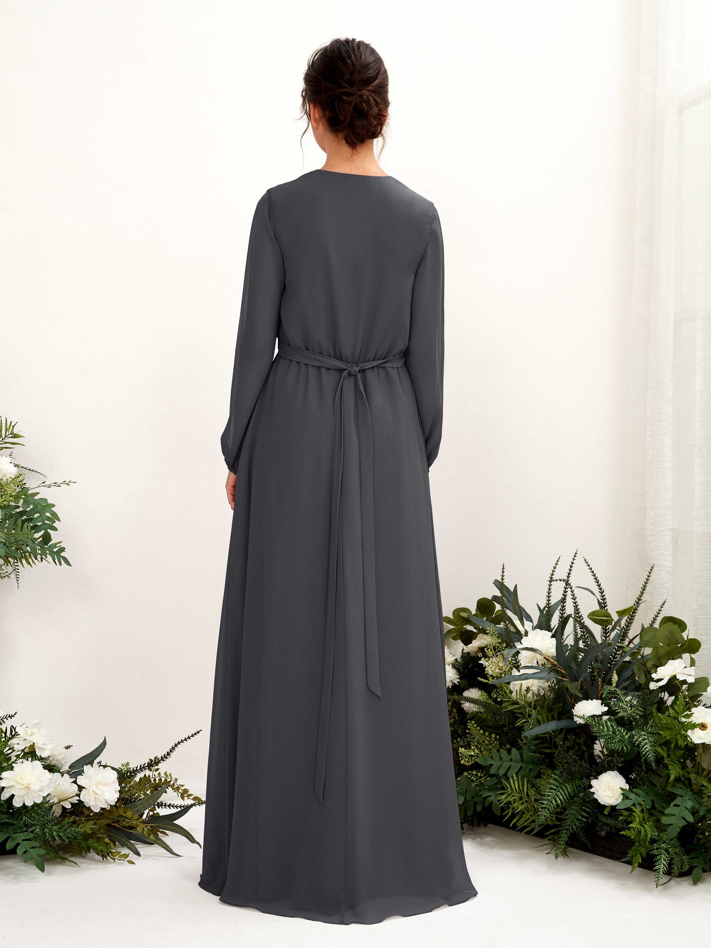 Pewter Bridesmaid Dresses Bridesmaid Dress A-line Chiffon V-neck Full Length Long Sleeves Wedding Party Dress (81223238)#color_pewter