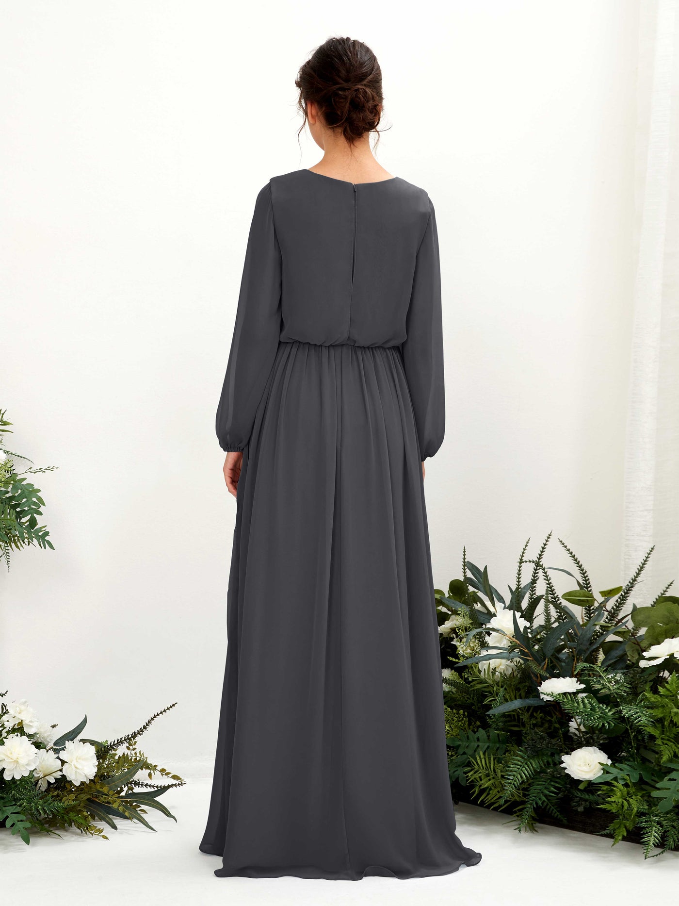Pewter Bridesmaid Dresses Bridesmaid Dress A-line Chiffon V-neck Full Length Long Sleeves Wedding Party Dress (81223838)#color_pewter