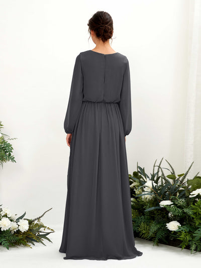 Carlyna Ginny A-Line Pewter Bridesmaid Dress Maxi Long Sleeve V-Neck Back View #color_pewter