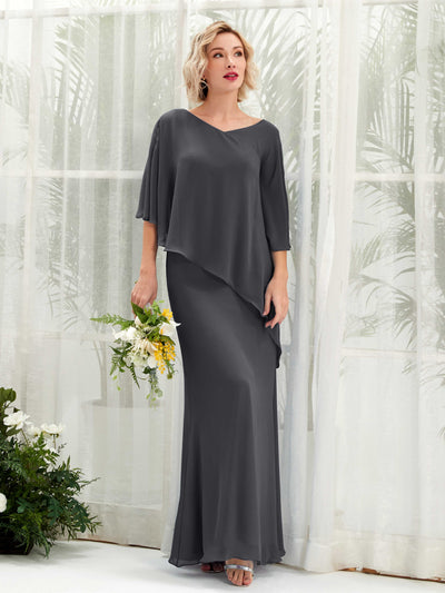 Carlyna Violaine A-Line Pewter Bridesmaid Dress Maxi Three Quarter Sleeve V-Neck Dress Front View #color_pewter