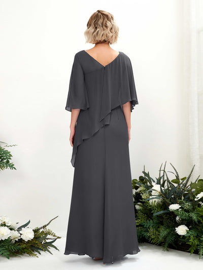 Carlyna Violaine A-Line Pewter Bridesmaid Dress Maxi Three Quarter Sleeve V-Neck Dress Back View #color_pewter