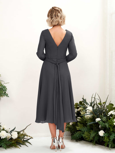 Carlyna Joanna A-Line Pewter Bridesmaid Dress Midi Long Sleeve V-Neck Back View #color_pewter