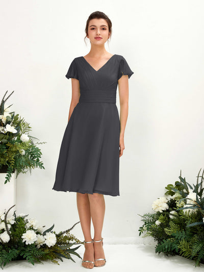Carlyna Betty A-Line Pewter Bridesmaid Dress Knee-Length Short Sleeve V-Neck Dress Front View #color_pewter